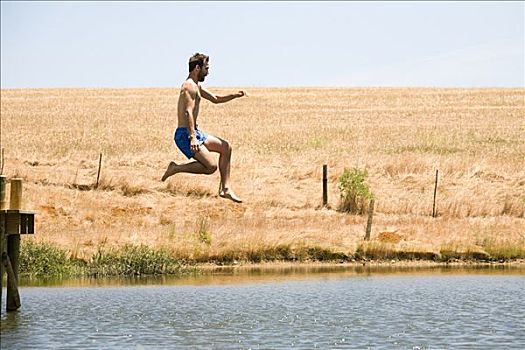 男人,跳跃,湖