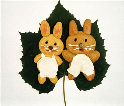 两个,兔子,面包,雕塑,叶子