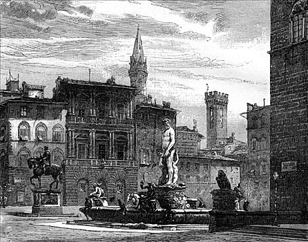喷泉,市政广场,佛罗伦萨,意大利,19世纪