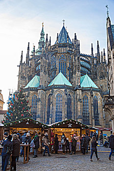 旅游,圣诞节,市场,面对,大教堂,圣维特大教堂,老城广场,布拉格,捷克共和国,欧洲