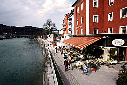 河,旅店,木板路,咖啡,历史名镇,科夫斯坦,提洛尔,奥地利,欧洲