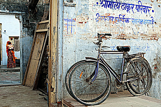 印度,拉贾斯坦邦,自行车,休息,户外,门,传统,房子,遥远,乡村