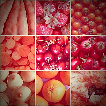 复古,看,红色,食物,抽象拼贴画