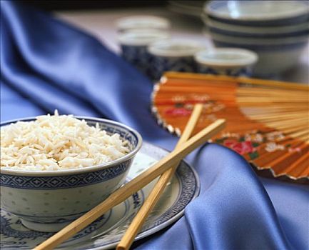 米饭,亚洲,盘子,筷子,蓝色背景,布