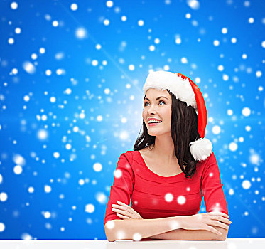 圣诞节,冬天,休假,高兴,人,概念,微笑,女人,圣诞老人,帽子,上方,蓝色,雪,背景
