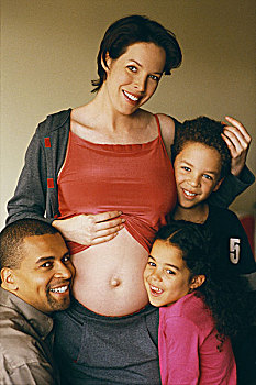 孕妇,家庭,女儿,丈夫,倚靠,肚子