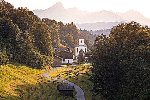 教堂,阿尔卑斯峰,楚格峰,背景,加米施帕藤基兴,拜恩州,德国