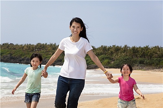 亚洲人,母子,走,海滩