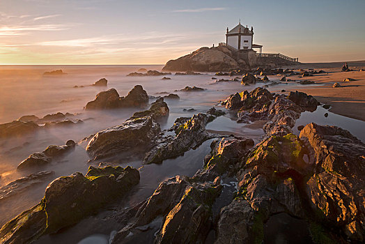 小教堂,日落,岩石,海滩,葡萄牙,欧洲