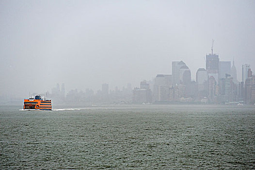 岛屿,渡轮,雷暴,上方,曼哈顿,纽约,美国
