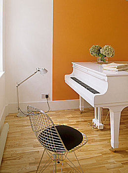 现代,橙色,简约,音乐,房间,大钢琴,金属,格子,椅子,墙壁,八仙花属,花瓶,钢琴