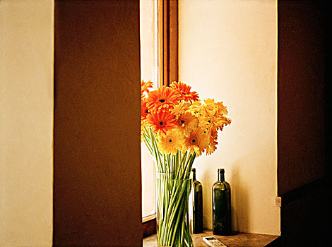 花瓶,花,坐,桌子