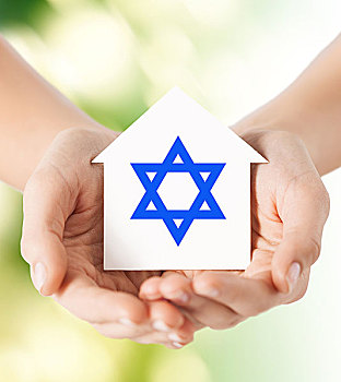 宗教,犹太教,慈善,概念,特写,女人,表针,拿着,房子,大卫之星,上方,绿色背景