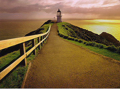 道路,灯塔,日出,雷因格海角,北岛,新西兰