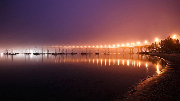 雾状,早晨,黎明,圣地亚哥,桥,帆船