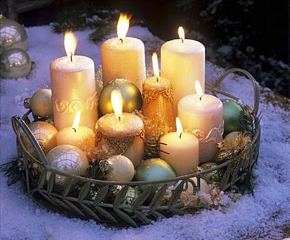 蜡烛,圣诞节饰物,托盘,雪中,晚间