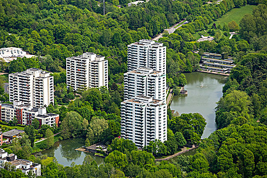 摩天大楼,城镇,水塘,莱茵兰,北莱茵威斯特伐利亚,德国