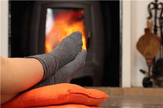 女人,脚,袜子,休息,靠近,壁炉