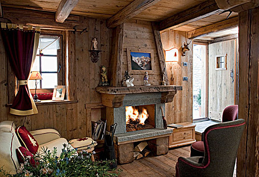 舒适,客厅,壁炉,木屋