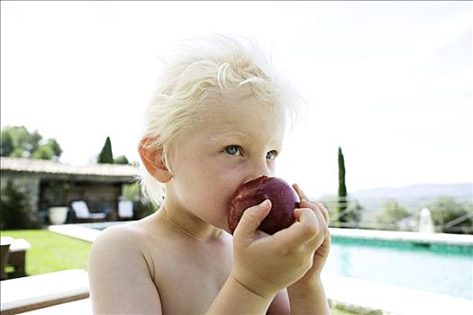 男孩,吃,苹果