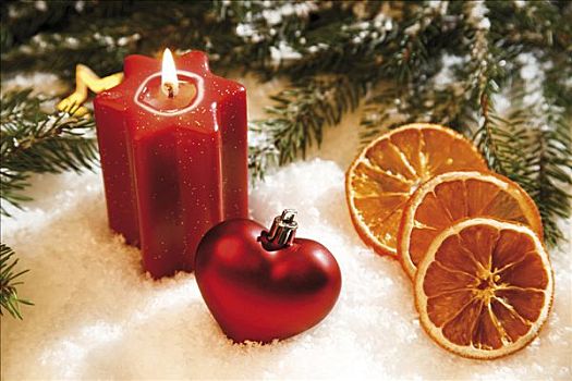 照亮,星形,蜡烛,心形,圣诞树装饰物,枝条,冷杉,干燥,橙子片,装饰