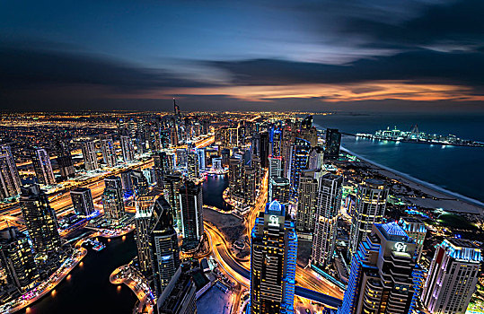 城市,迪拜,阿联酋,黄昏,光亮,摩天大楼,海岸线,波斯湾