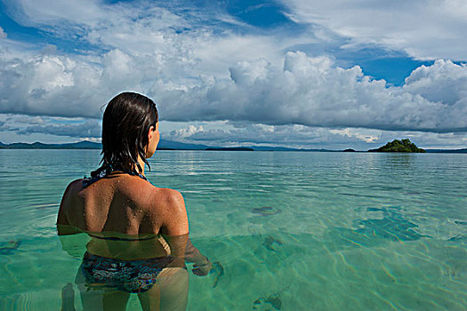游客,享受,美女,清晰,水,泻湖,所罗门群岛,太平洋