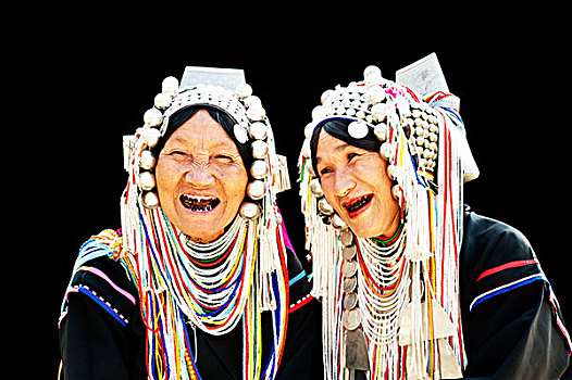 肖像,两个,阿卡族,山,部落,女人,穿,传统,服饰,泰国,亚洲