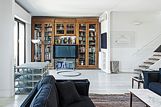 深蓝,沙发,室内,书架,纯平显示器,电视,背景