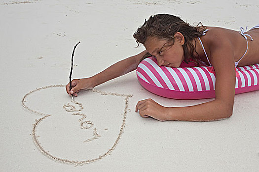 相思,女孩,岁月,度假,卧,空气,褥垫,描绘,心形,文字,喜爱,沙子