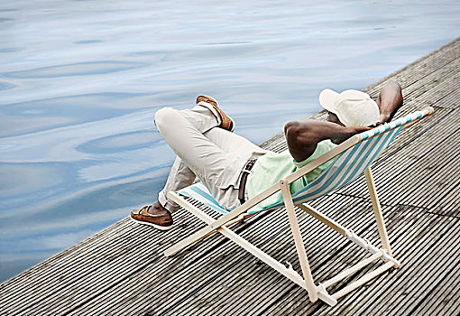 男人,放松,湖,甲板,椅子