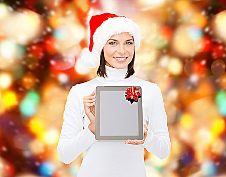 圣诞节,科技,礼物,人,概念,微笑,女人,圣诞老人,帽子,留白,显示屏,平板电脑,电脑,上方,红灯,背景