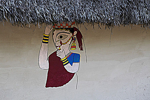 传统,绘画,印第安女人,乡村,墙壁,新德里,印度