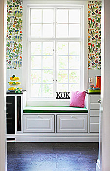 风景,敞门,格子,窗户,窗边,厨房操作台,仰视,彩色,花,壁纸
