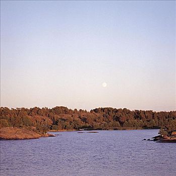 月亮,上方,湖,岛屿,土尔库,芬兰,斯堪的纳维亚,欧洲