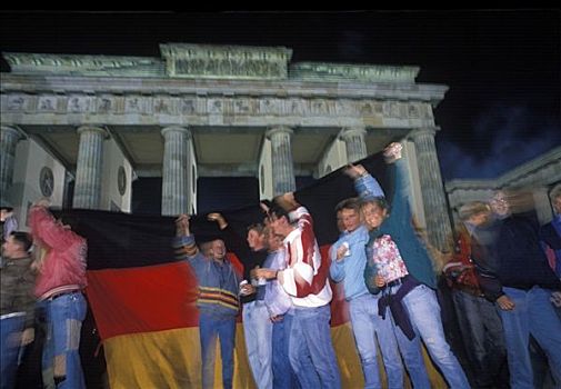 市民,柏林,庆贺,团聚,德国,正面,勃兰登堡门,夜晚,民主德国,十月,第三,欧洲