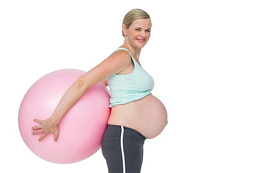 孕妇,拿着,粉色,健身球,后面,背影