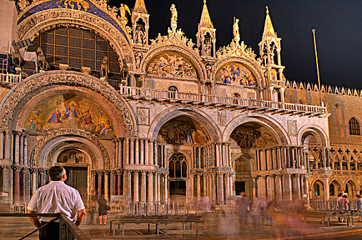 大教堂,圣马科,夜晚,样板,建筑,广场,威尼斯,威尼托,意大利,欧洲