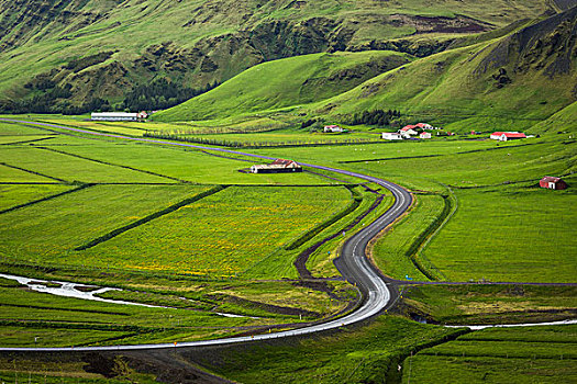 景色,俯视,农田,弯路,冰岛