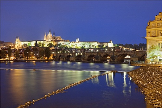 捷克共和国,布拉格,查理大桥,拉德肯尼,城堡,黄昏