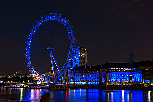 英格兰,伦敦,伦敦眼,摩天轮,夜晚,反射,泰晤士河,河,画廊,大幅,尺寸