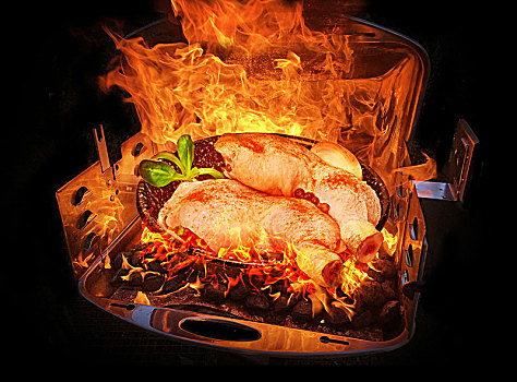 鸡腿,烤制食品,火