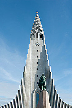雕塑,正面,高,尖顶,路德教会,教区,教堂,城镇中心,雷克雅未克,冰岛,斯堪的纳维亚,北欧,欧洲