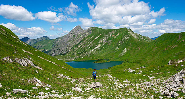 远足,徒步旅行,后面,阿尔卑斯山,巴伐利亚,德国,欧洲