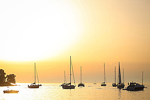 帆船,锚定,日落,亚德里亚海