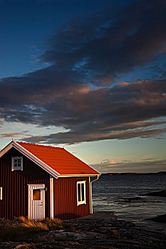 红色,木屋,海岸线,瑞典