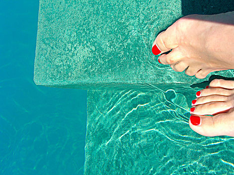 脚趾,红色,指甲油,游泳池