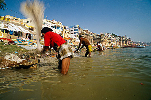 洗衣服,男人,清洁,河,瓦腊纳西,北方邦,印度,亚洲