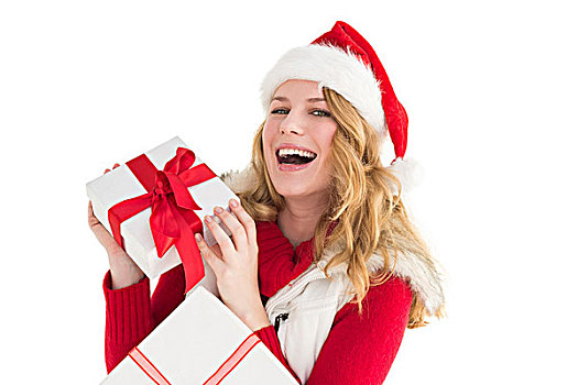 高兴,女人,圣诞帽,拿着,礼物