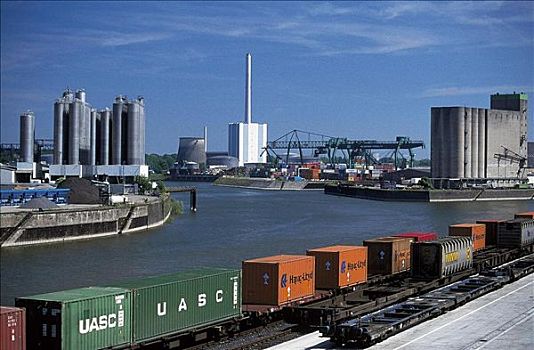 港口,起重机,货箱,列车,铁路,莱茵河,物流,欧洲
